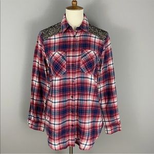 Express Boyfriend Shirt Womens S Red Blue Plaid Flannel Sequin Yoke Long Sleeve